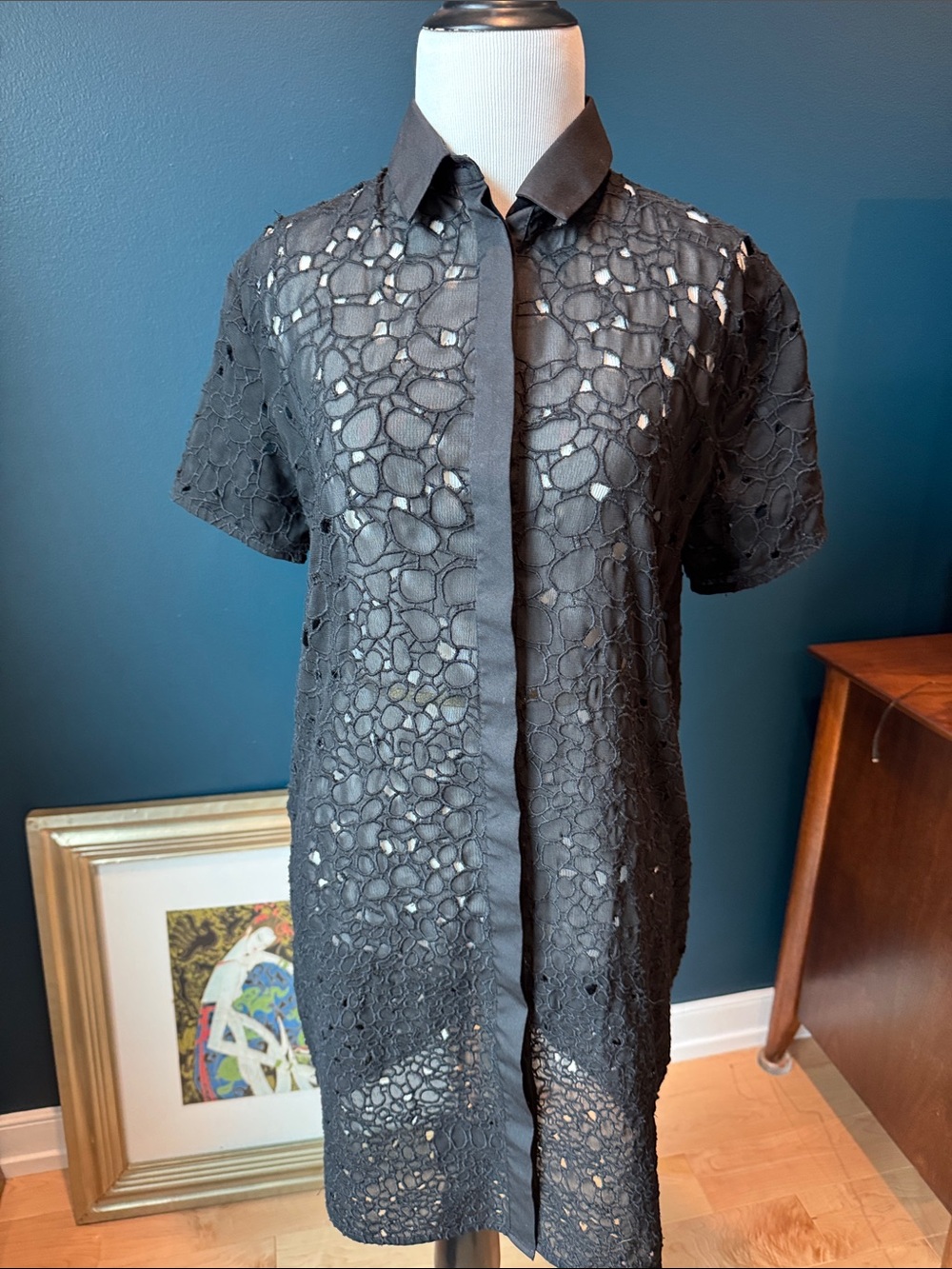 AllSaints Black Lace Short-Sleeve Button-Up Shirt Dress - Unlined